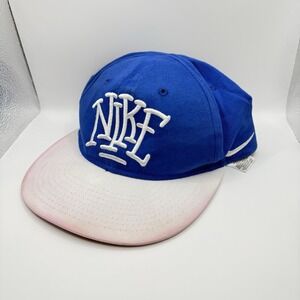 VTG Nike Script Logo Hat White Blue Snapback Cap Embroidered Swoosh Youth Sz 4-7